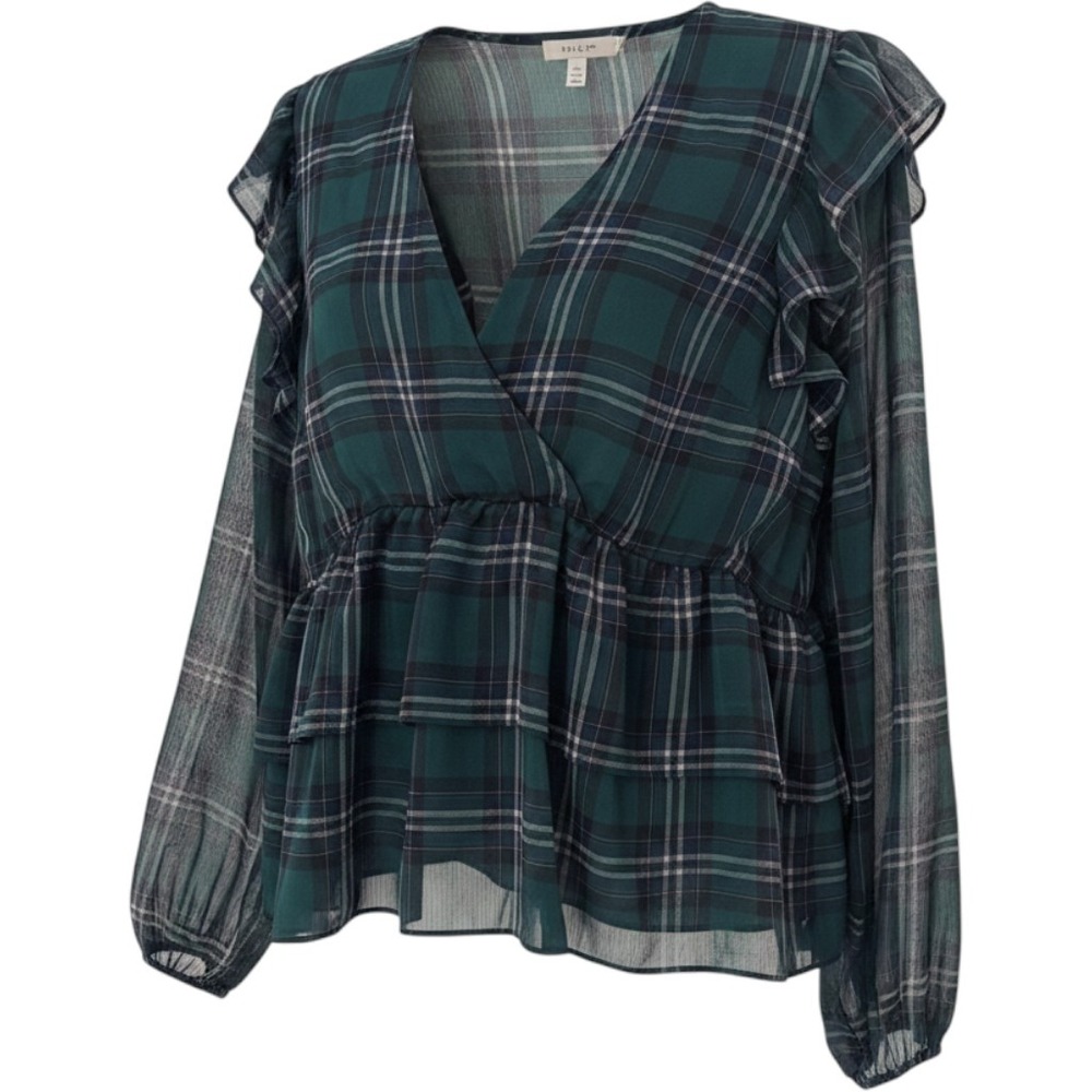 Torrid Green Plaid Ruffle Shoulder Peplum Top Sheer Long Sleeve Wrap V-Neck XL